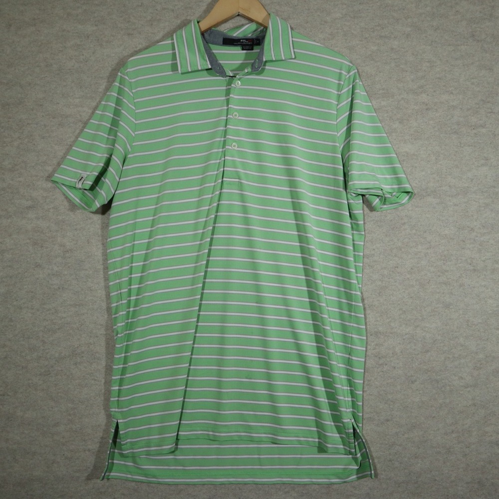 RLX Ralph Lauren Polo Shirt Mens Medium Green White Striped Golf Performance Y2K